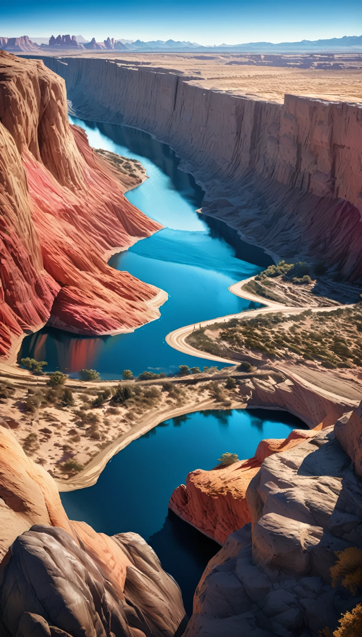 Ultra-high resolution、Photorealistic(1.4)、1 scene、colorado riverが下向きに流れ、Cliff face in the foreground、Ansel Adams-inspired elongated perspective、Panorama形式で、Capture the vast canyon and the bends of the river、(Bright sunlight:1.2)、(Deep blue sky:1.3)、(rich and vivid colors:1.5)、(Detailed rock formations:1.4)、(Sharp river bank:1.3)、(Water reflection:1.2)、(Surreal beauty:1.5)、 masterpiece、 highest quality、8K、landscape、colorado river、Panorama