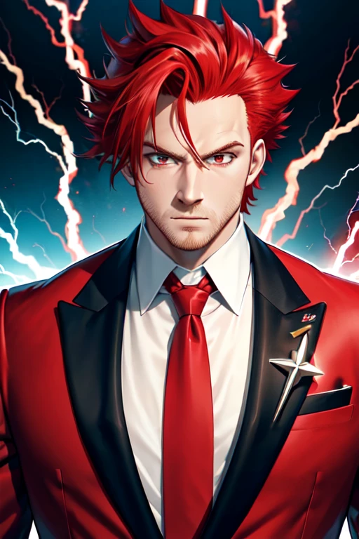 4k, hdr, man, red hair, spikey hair, red tuxedo, lightning on eyes, red lightning, red tie