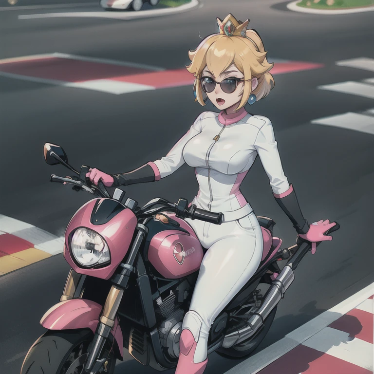 moterbike motorcycle riding , 1girl, princess_peach_mariokart_outfit, white and pink motorcycle suit, short blonde hair, bright blue eyes, wide hips, "Volumetric Lighting, Best Shadows, Shallow Depth of Field, (Highest Quality, Amazing Details:1.25), Brilliant Colorful Paintings", road action shot race outdoors zy48 ground_vehicle, motor_vehicle, motorcycle, road, shadow, traditional_media, vehicle_focus tires driveing 1girl, driving, ground_vehicle, motion_blur, motor_vehicle, motorcycle, motorcycle_helmet, on_motorcycle, open_mouth, riding, road, shirt, sunglasses, vehicle_focus
