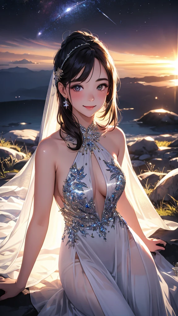 Best AI absurd, high quality, High resolution, Super detailed, (One beautiful girl:1.3), A little smile, de luz, Semi-transparent evening dress, Glitter, universe, planet, deep, Warm Light