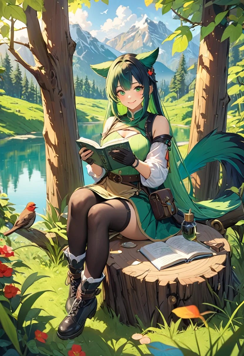 masterpiece, highest quality,, One girl, Sitting, animal, animal ears, bird, black_hair, Book, Bookmark, branch, gloves, Grass, green hair, Holding, Holding Book, Food, Food down, leaf, View Viewer, multicolored hair, open_Book, partially fingerless gloves, pen, plant, Pouch, 羽pen, read, Sitting, smile, alone, tail, wood, wood stump,, null, sun, Mountain, forest, lake