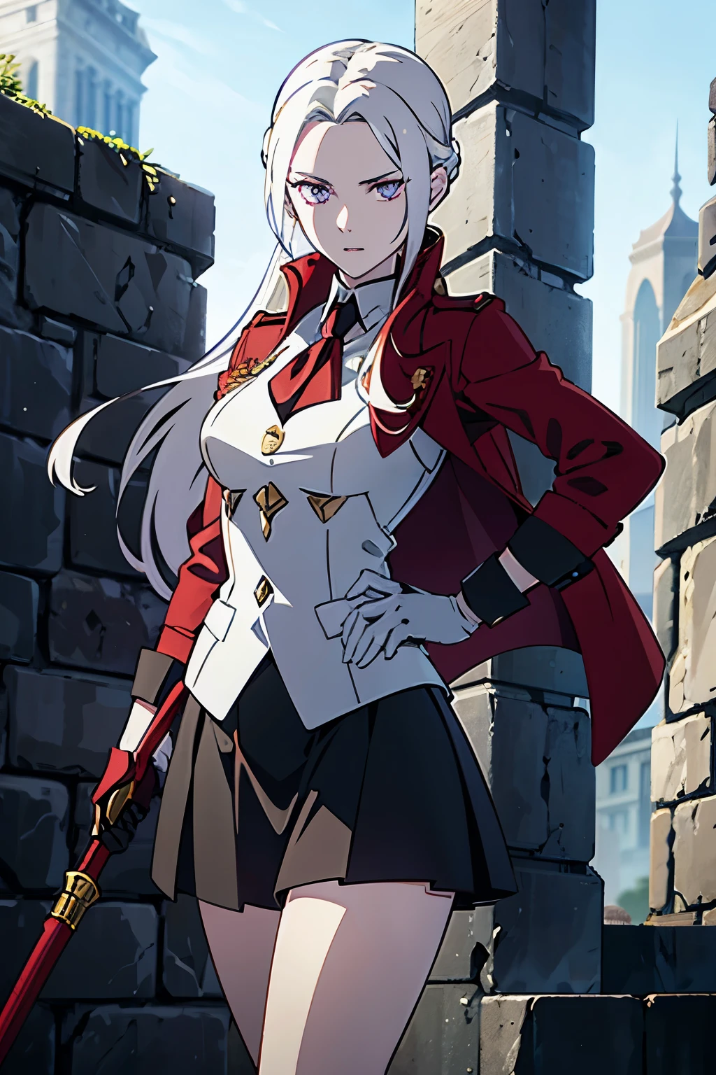 a woman with long silver hair, pale skin and violet eyes, a confident expression, standing in a dynamic action pose, she is standing in a fort with stone walls and masonry, bright and vivid lighting with a red hue, clear detailed face, looking at the viewer with a stern expression, conservatively dressed in a black officer's jacket with gold lapels, black skirt and red rights, wearing white gloves and a red sash.