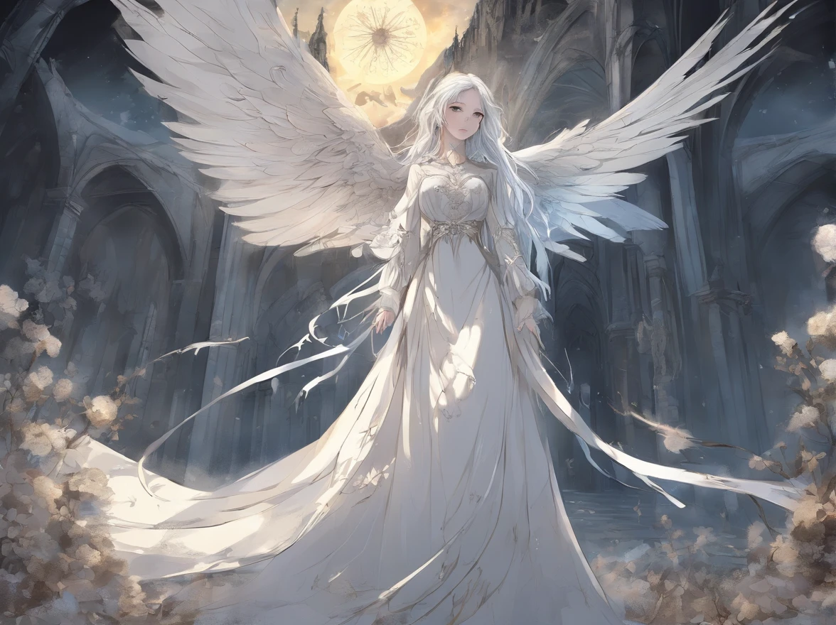 (highest quality,4K,8k,High resolution,masterpiece:1.2),Gothic and melancholic female angel,cry,Anime Style,Detailed blue eyes,Long, flowing silver hair,Fair and perfect skin,Spread your beautiful wings,Edged with lace、A beautiful and decorative white gown,Illuminated by a soft golden halo,Desolate Church Background,morning,Withered flowers and gravestones,A gentle wind is swirling.