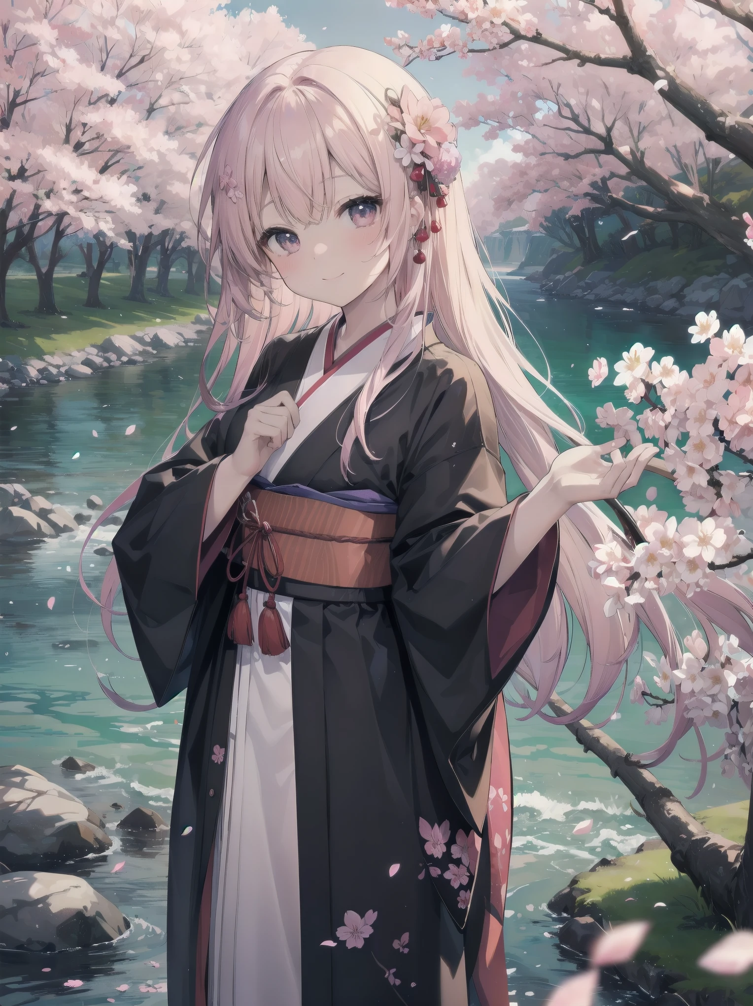 (Spring cherry blossoms and a woman、Long-sleeved kimono、Fluttering cherry blossom petals、walk along the riverside)
Spring by the river、Long-sleeved kimonoを纏った女性がFluttering cherry blossom petalsの中をゆっくりと歩いている。彼女のLong-sleeved kimonoが風に揺れ、Cherry blossom petals fly up around it。The sound of the river quietly echoes.、Her smile is shining brighter with the cherry blossom petals.。Long-sleeved kimonoの鮮やかな色が桜のピンクと調和し、Creating a beautiful spring scene。
