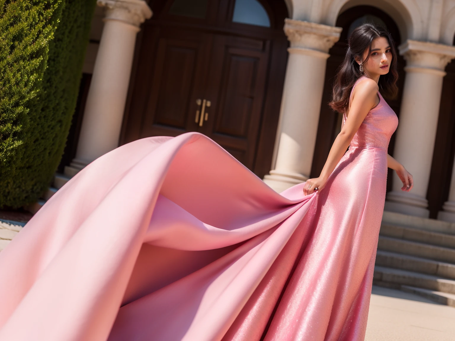 glamour, vestido de raso, Es, vestido rosa organza, Primavera elegante, vestido rosa, vestido de hada con hombros descubiertos, collar de perlas, Romantic, fiesta, debutante, madrina de casamiento