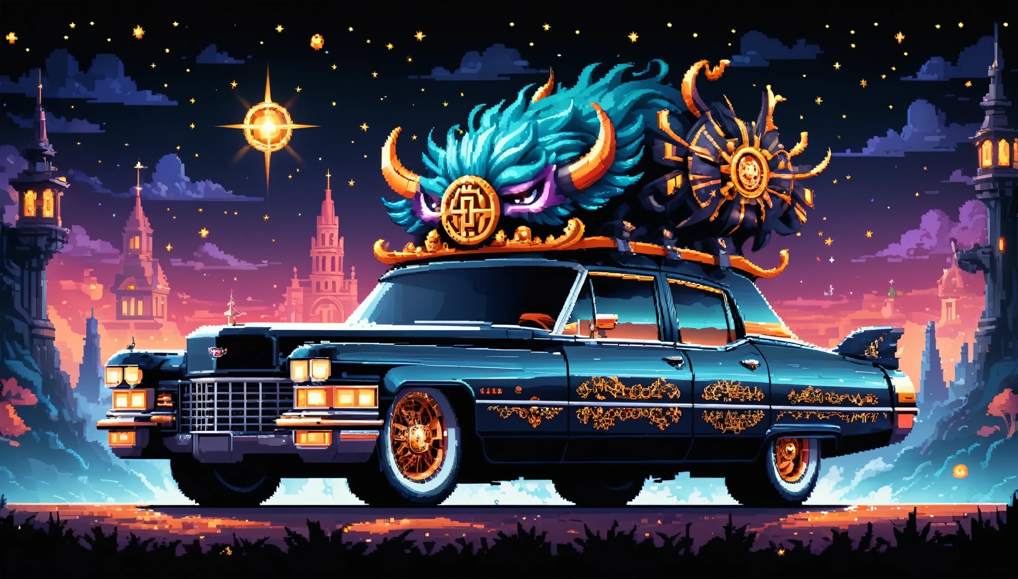 Bright epic professional (cute cartoon pixel illustration:1.2), (masterpiece in maximum 16K resolution, superb quality, ultra detailed:1.3), side view of a grand (bizarre:1.2) Cadillac with tall wheels and (sharp features, decorated with runes and folding roof), speeding amidst the silhouetted Gothic world of at night, sparkles.
