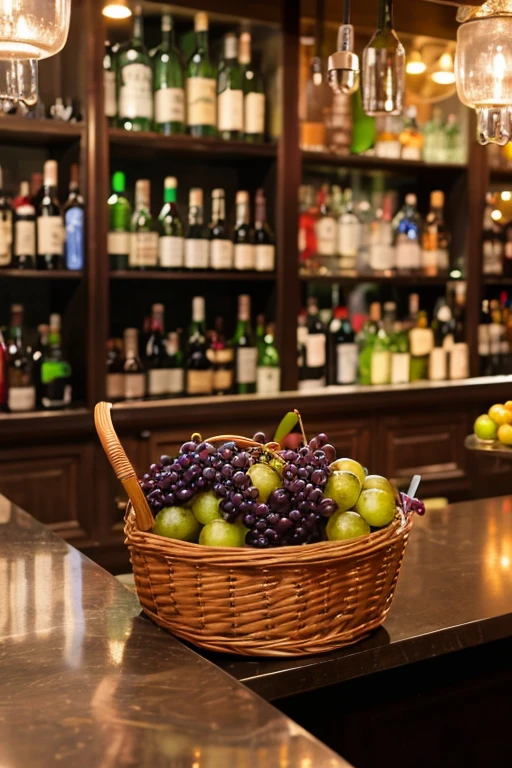 Carbonated drink in a Collins glass,bar counter,Muscat grapes piled up in a basket,
