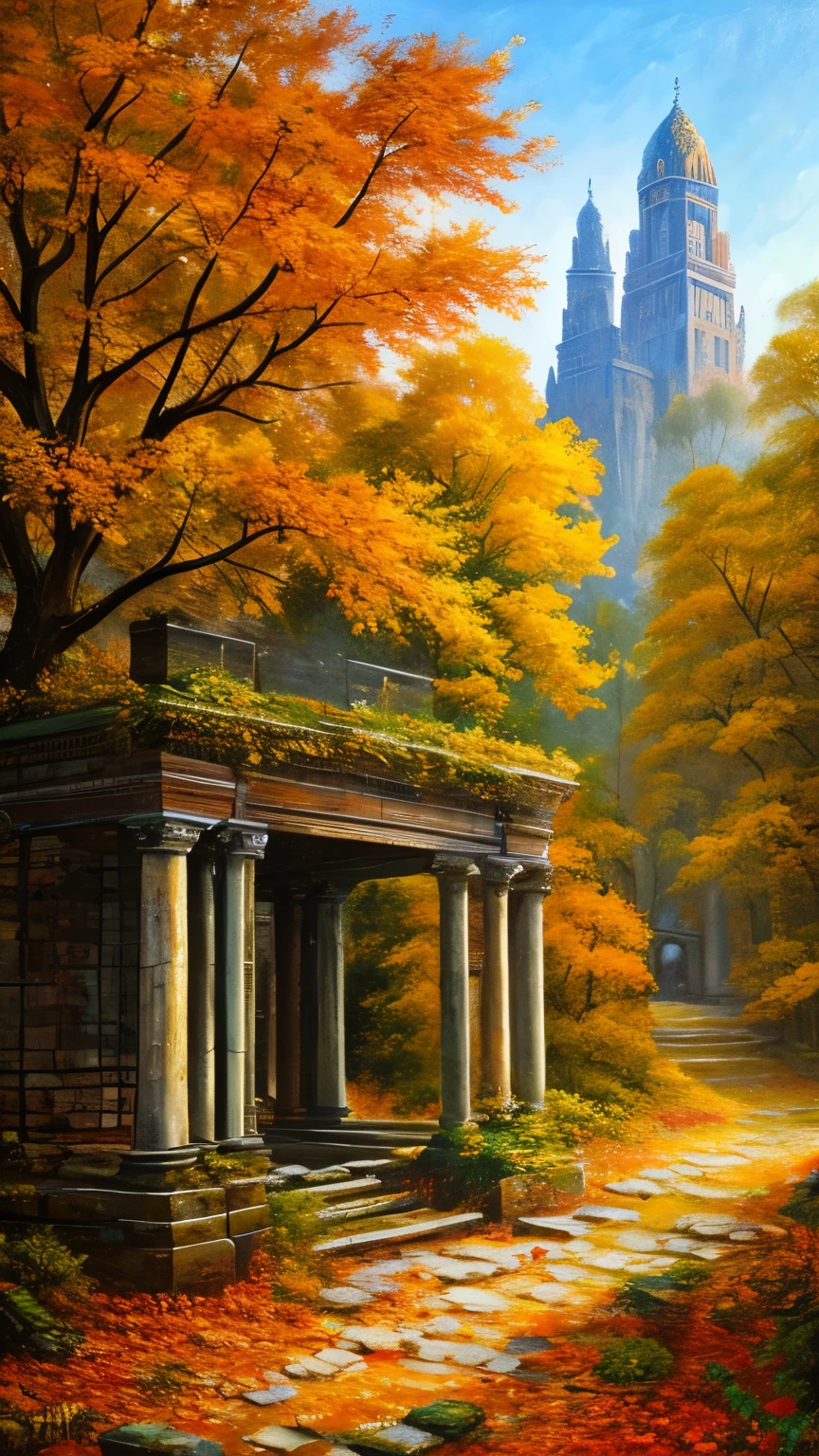 , late autumn ruins, high quality, highly detailed, illustration, impasto, canvas, oil painting, fantasy,