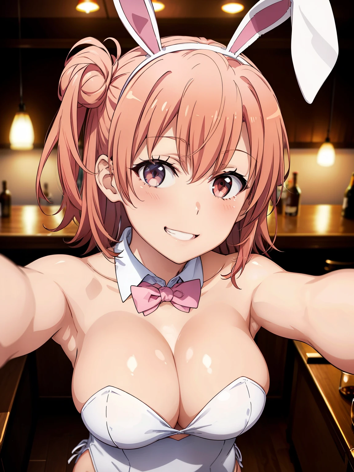 ((highest quality, High resolution,  Perfect Pixel,  4k)), (1 girl),  (Beautiful Anime Girls), 
Watching the audience, 
Perfect body, 

yuigahama yui, (Big Breasts、Cleavage:1.2)、Detailed eyes、Brown eyes、Glowing Skin、Armpit、

(blush:1.1)、smile、Grin、

cleavage, bare shoulders, 
playboy bunny, 
white leotard, strapless leotard, pink bowtie, detached collar, 
rabbit ears, fake animal ears, white ears, 
Focus on the chest、Selfie、From above、
 
Girls Bar、Dim lighting、