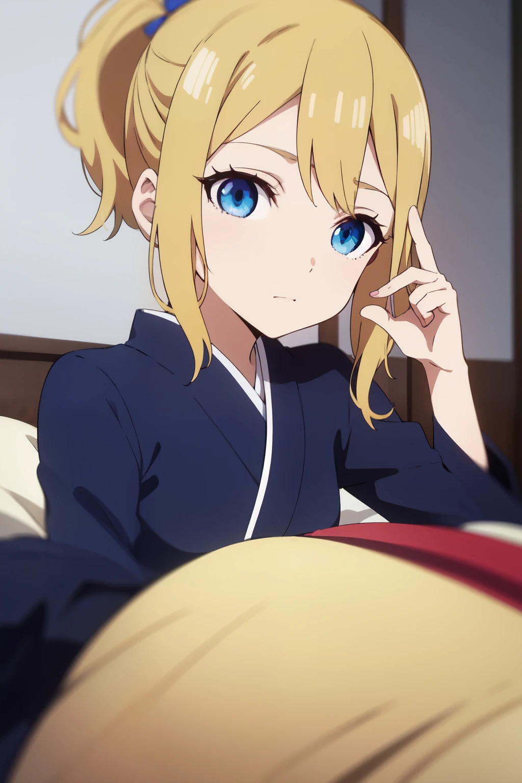 Anime background art, bottom of room, one bed, lying on a bed, beautiful anime scenes, 4K anime art wallpaper, 4k anime art wallpaper, Rosla global illumination, anime girl, best quality, detailed, 1 girl, alone, same as LORA, same as lora, closed mouth, happy, blonde hair, head accessory, hair tie, short hair, ponytail hairstyle, one side ponytail hairstyle, defined eyes, blue eyes, looking at viewer, perfect face, perfect eyes, kimono costume.