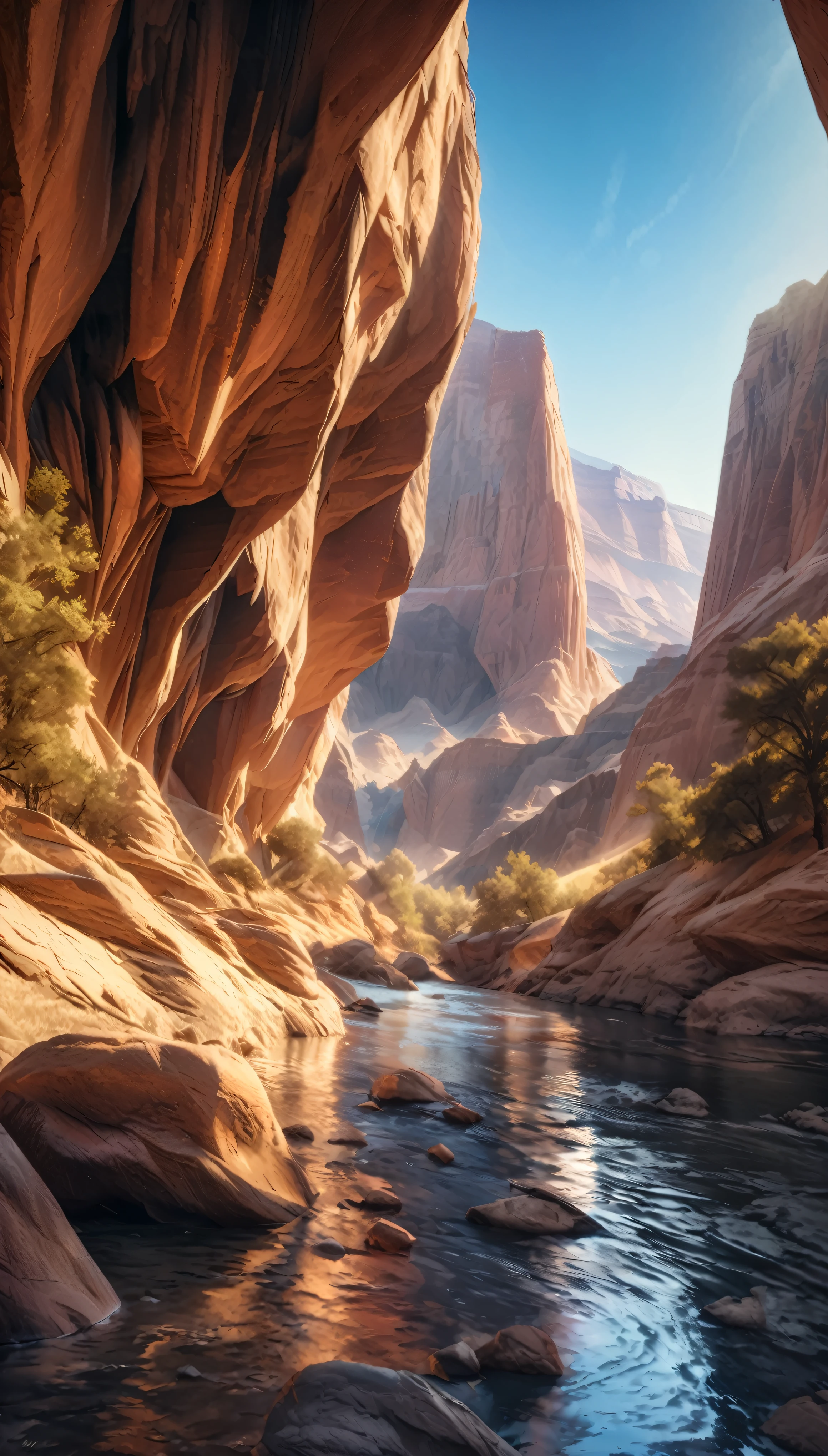 Ultra-high resolution、Photorealistic(1.4)、1 scene、The Colorado River flows downwards、Cliff face in the foreground、Ansel Adams-inspired elongated perspective、In Panorama format、Capture the vast canyon and the bends of the river、(Bright sunlight:1.2)、(Deep blue sky:1.3)、(rich and vivid colors:1.5)、(Detailed rock formations:1.4)、(Sharp river bank:1.3)、(Water reflection:1.2)、(Surreal beauty:1.5)、 masterpiece、 highest quality、8K、landscape、colorado river、Panorama