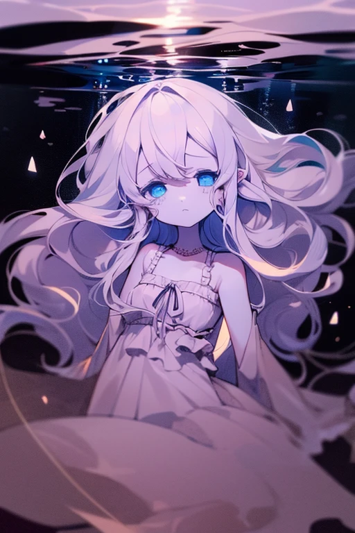 Girl sunk in the middle of the ocean, a dim light illuminates her. She has long hair and is very sad as she falls into the depths of the sea.