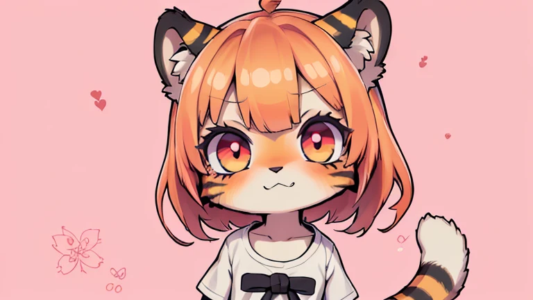 (obra maestra, Alta calidad, mejor calidad, 8K, high resolution), ((estilo chibii, Chibi lindo)), (solo, 1 girl), {Tiger Girl, cara de tigre, 2 colmillos, long eyelashes, delineador de ojos} {bigotes de tigre}, (((Piel de tigre por todo el cuerpo., Rayas de tigre en el cuerpo.))), (pelo naranja), cabello corto, Pinza para el cabello, [[Pinza para el cabello white flower on hair]], ((Muy feliz)), ((boca abierta)), ojos naranjas, [pupilas negras], ((buscando)), (very small breasts), brazos delgados, (un brazo arriba, un brazo hacia abajo), axilas, ((mini camiseta rosa, camiseta rosa completa)), {shorts blancos}, {{{mini cola de tigre, Cola en la espalda}}}, (cuerpo completo), (((de pie, jump angle))), dynamic pose, Fondo blanco, fondo sencillo, ((((Estilo Tora-chan no Hanayome)))), (old anime style 40s), estilo animado, anime color.