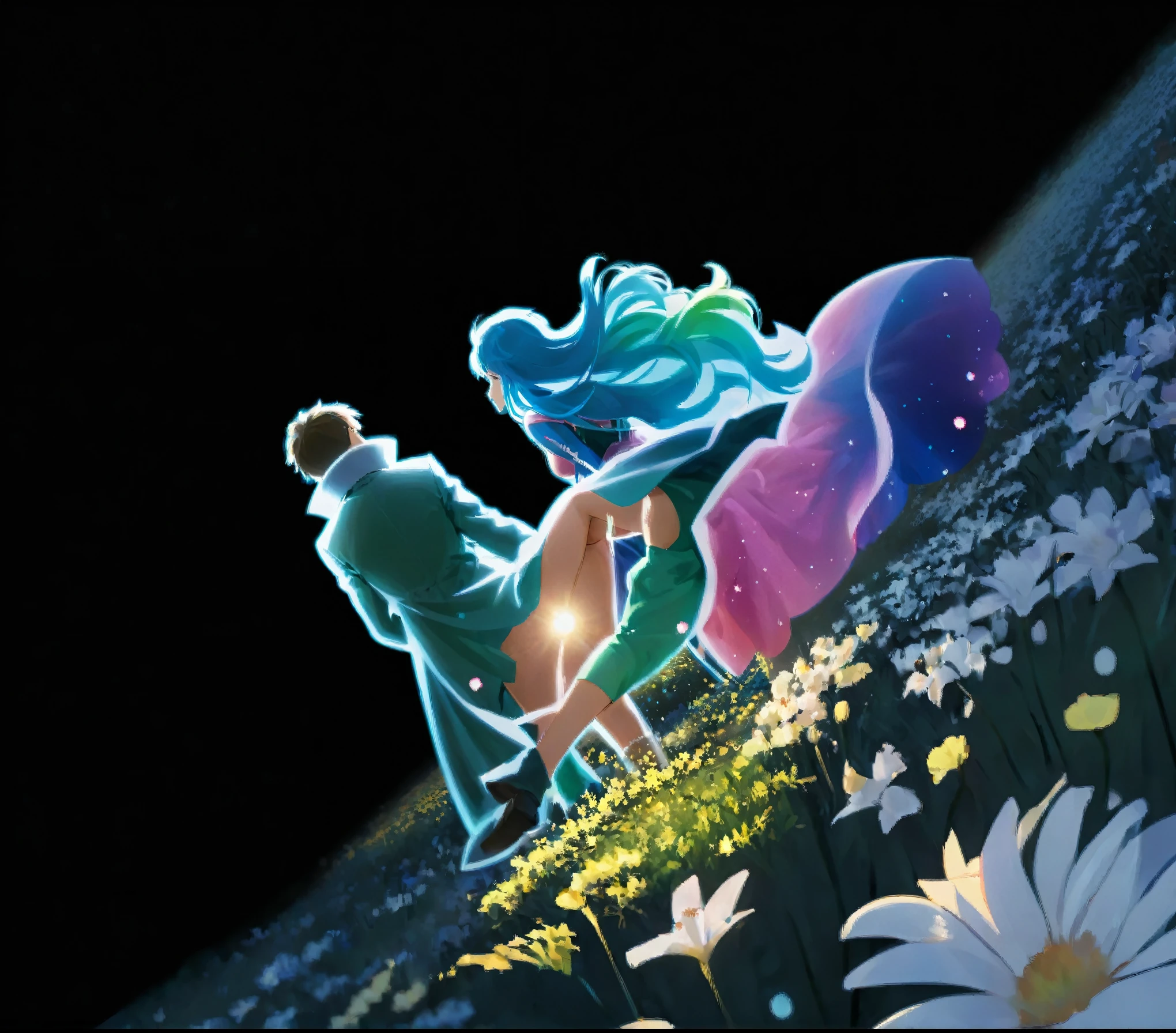 A man and a woman are facing backwards and looking up at the sky, Holographic, A man and a woman standing in a flower field looking up