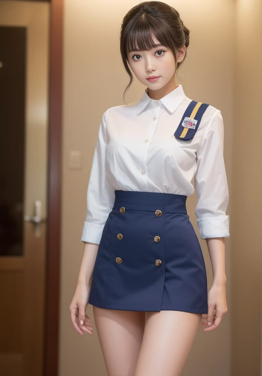 (8k, highest quality, masterpiece: 1.2), (Realistic, Realistic: 1.2),　Beautiful Japanese 20 year old woman, Tight waist, Thin thighs, detailed: (非常にdetailedな: 1.3), ((Navy blue stewardess)), Updo short hair, ((Wearing a mini skirt)), Slim and perfect style. (High resolution: 1.1), Airplane Passenger Passenger Passenger, (((Slim thighs))), Perfect beauty, (((slim and beautiful legs))),