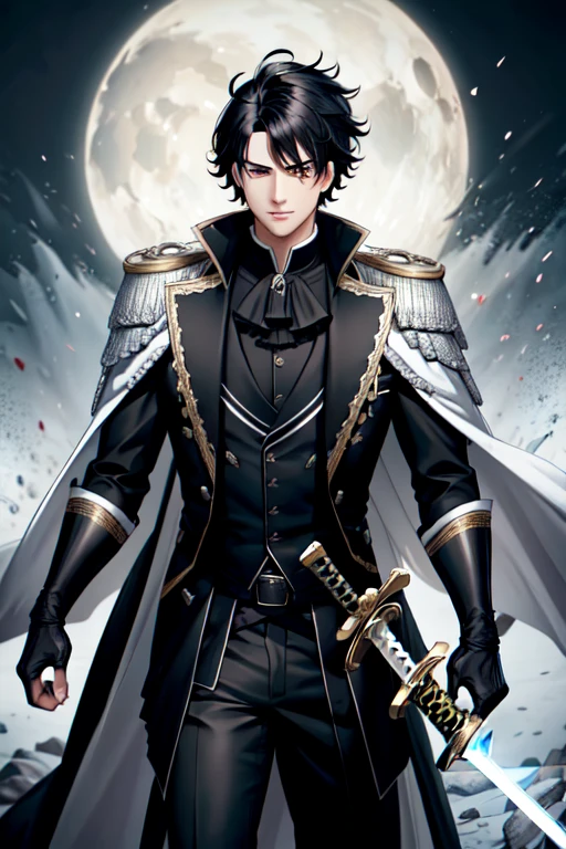4k, hdr, man, black hair, shaved face, young, ruffled hair, long coat, white eyes, glowing eyes, sword