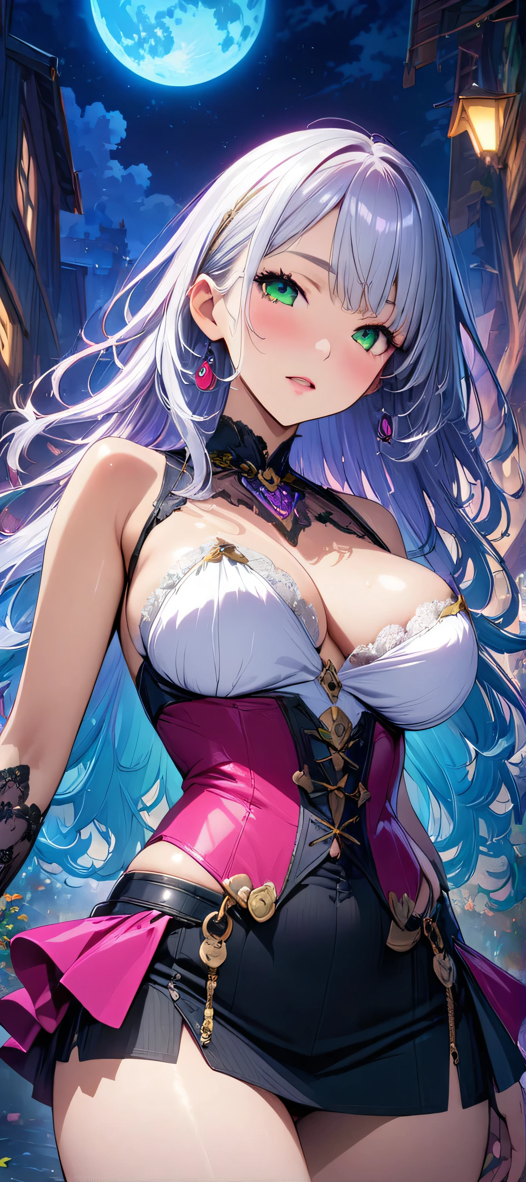 (masutepiece, of the highest quality, Best Quality, Official art, Beautiful and aesthetic:1.2),  Extremely detailed,(Colorful:1.1),highest details, one arafed woman with white hair and pink tips  and green eyes, sexy corset and mini skirt, big breast, sfw, night, blue moon