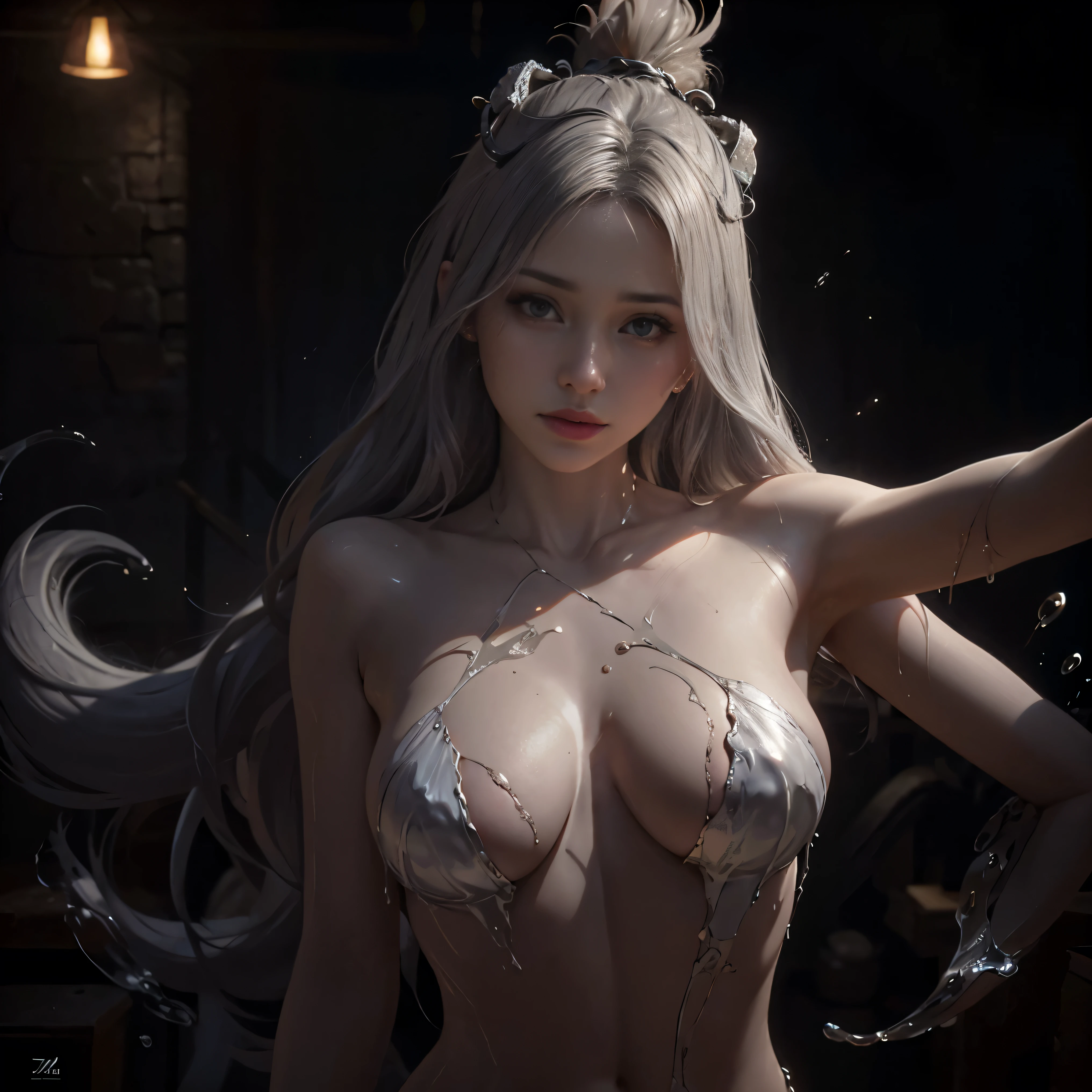 a beautiful young woman with a liquid metal body, her body constantly collapsing and regenerating, silver and shimmering, in a dark dungeon, highly detailed, masterpiece, photorealistic, digital art, fantasy, science fiction, hyper detailed, cinematic lighting, dramatic, mysterious, silver liquid metal, molten, flowing, glowing, ethereal, otherworldly, intricate details, porcelain skin, flawless complexion, striking features, piercing eyes, full lips, elegant pose, dynamic, powerful, mesmerizing, awe-inspiring, (best quality, 4k, 8k, highres, masterpiece:1.2), ultra-detailed, (realistic, photorealistic, photo-realistic:1.37), HDR, UHD, studio lighting, ultra-fine painting, sharp focus, physically-based rendering, extreme detail description, professional, vivid colors, bokeh
