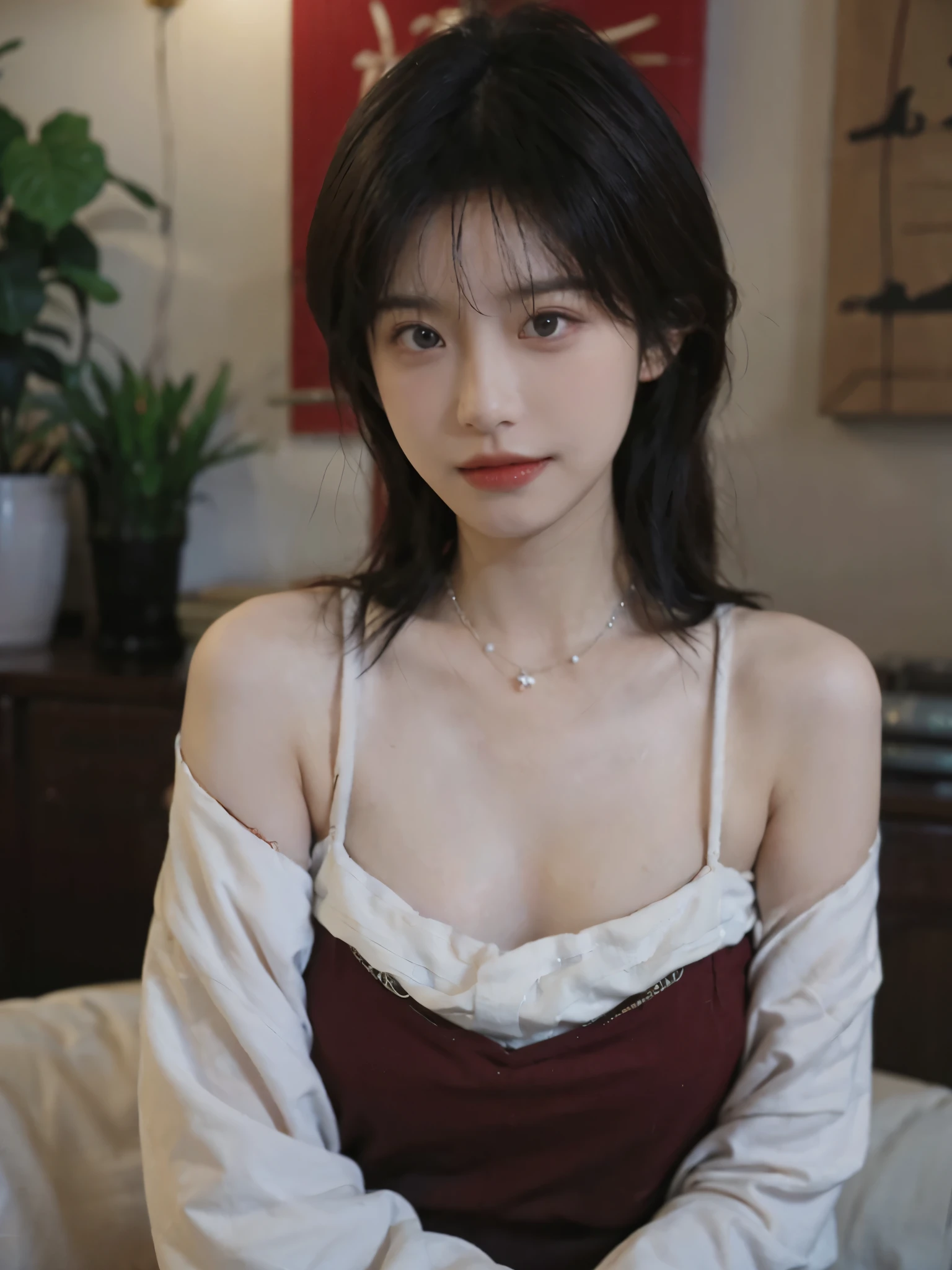 Film portrait photography, 2 girls, Bare shoulders,Lipstick，（flat chest：1.4）， Wear a necklace，Cute expression,Exquisite makeup，Red suspenders，serene, calm, (Realistic and detailed eyes, Natural skin texture, Realistic facial details), Big breasts：1.6，Big Breasts，Soft dramatic lighting, Depth of Field, Bokeh, Vibrant details, Detailed and detailed, Surreal, 35mm film, hazy, ,