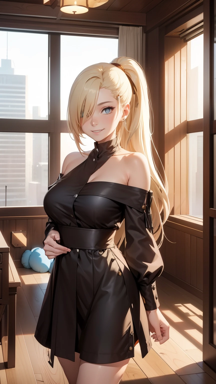 "Extremely detailed CG Unity 8K wallpapers,Ino yamanaka,masterpiece,indoor,bedroom,floor,charming,best picture quality,surrounded by toys,Volumetric light,Blonde,Face turned red,Smile,Off the shoulder dress,Bangs cover one eye,fat,looking at camera