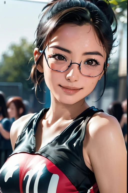 Sports competitionsの日、Sports competitions、gallery、Students cheering、女子100 m競走、((highest quality:1.4、8k、32k、Hmph:1.3))、(An unparalleled masterpiece)、((RAW Photos、realism:1.6))、Japanese Girls、Outdoor,playground,Schoolyard,Schoolyard,(physical education:1.3),(Per class:1.3)Girl smiling at the camera、Dynamic pose、(Sports competitionsの日、100 m走、running)、Dynamic Angle、School gym clothes、Bloomers、(Huge breasts:0.5、thin abdomen、The lower body is thin)、Ulzzang-6500-v1.1、age Girls、Highly detailed face、fine grain、Round face、Baby Face、Detailed Iris、double eyelid、(((Glasses、Long black hair、High up ponytail)))、Photon Mapping、Detailed skin texture、100 m,From head to toe:1.5,