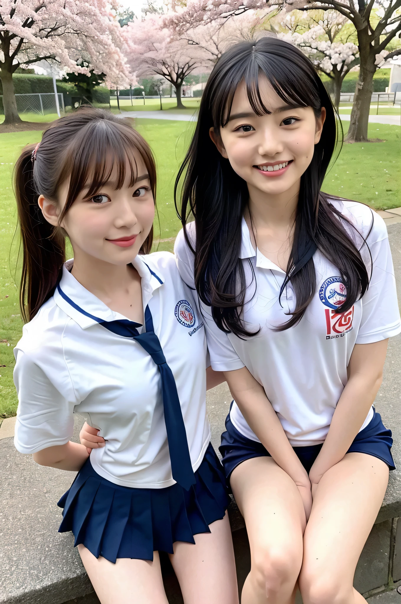 Two girls in a schoolyard full of cherry blossoms,A white gym shirt over a blue school swimsuit,school bag,18-year-old,bangs,A little smile,Thighs,knees,Low ponytail with barrette,From below,Front light