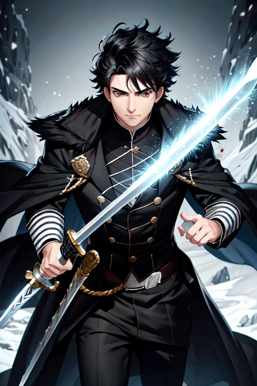 4k, hdr, man, black hair, shaved face, young, ruffled hair, long coat, white eyes, glowing eyes, sword