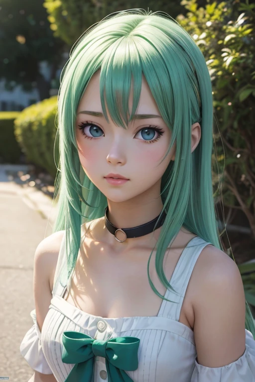 un primer plano de una mujer con un vestido verde y un collar, obra de arte al estilo de guweiz, estilo anime realista 3d, hermoso retrato animado, estilo de realismo anime, retrato detallado de chica anime, hermosa pintura de personajes, por Yang J., impresionante retrato de cara de anime, realistic anime art style, retrato de una chica anime, hermoso estilo anime