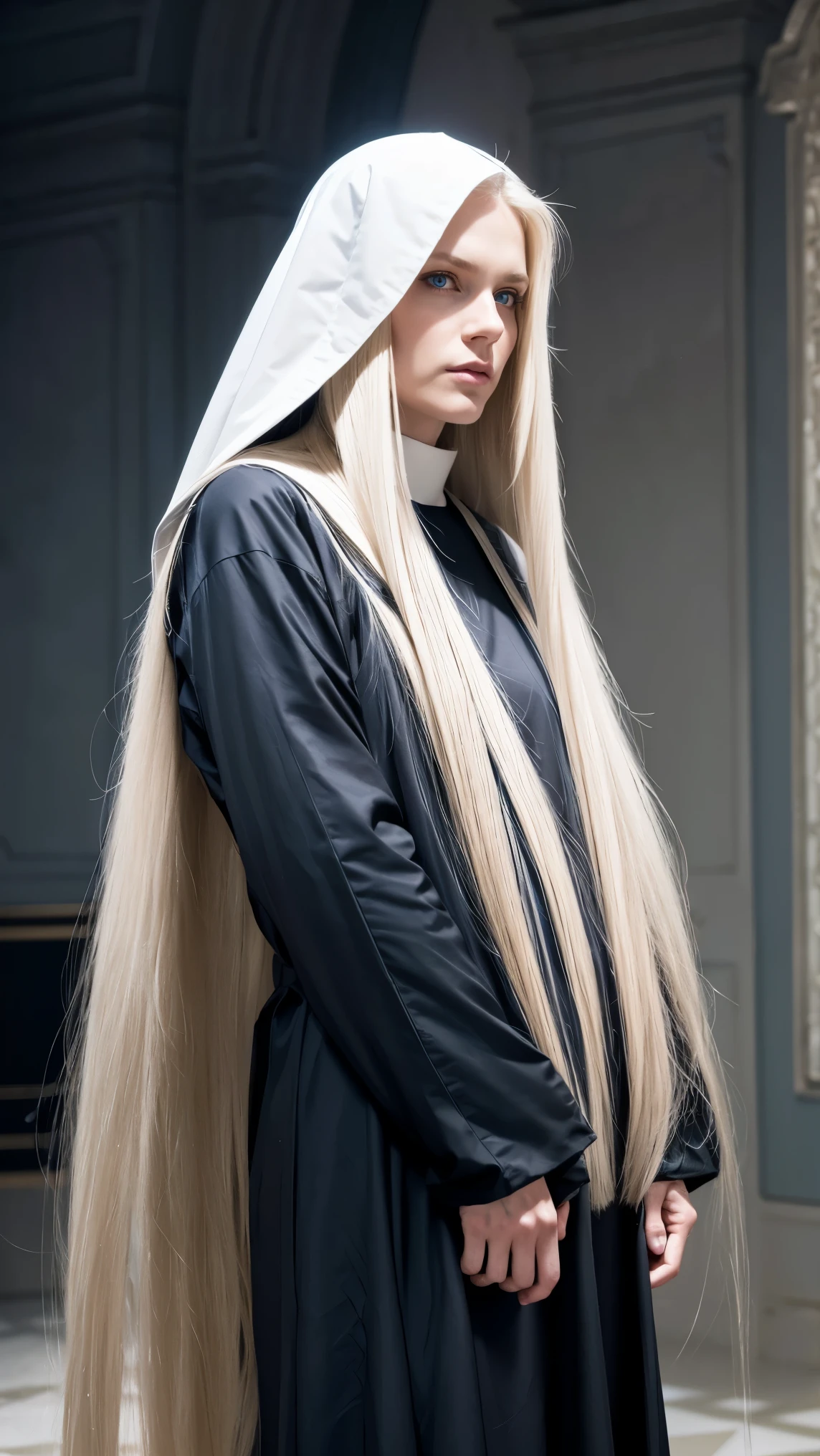 full body Pure blond straight hair, (long hair) (((straight hair))), Detailed hair, Blue Eyes, beautiful eyes, light on the face, pale skin, a 50 year old woman, nun,