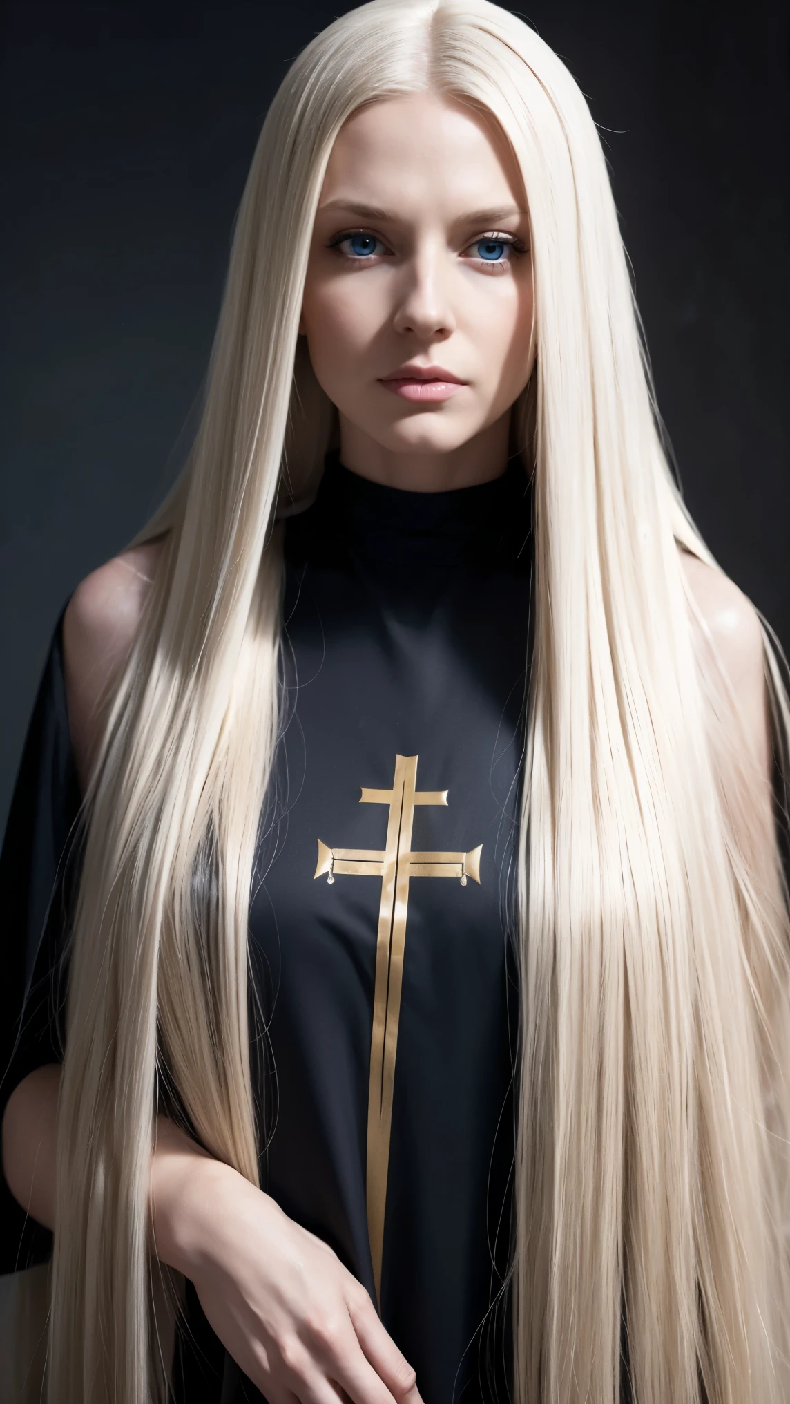 full body Pure blond straight hair, (long hair) (((straight hair))), Detailed hair, Blue Eyes, beautiful eyes, light on the face, pale skin, a 50 year old mysterious, dark, woman, nun,