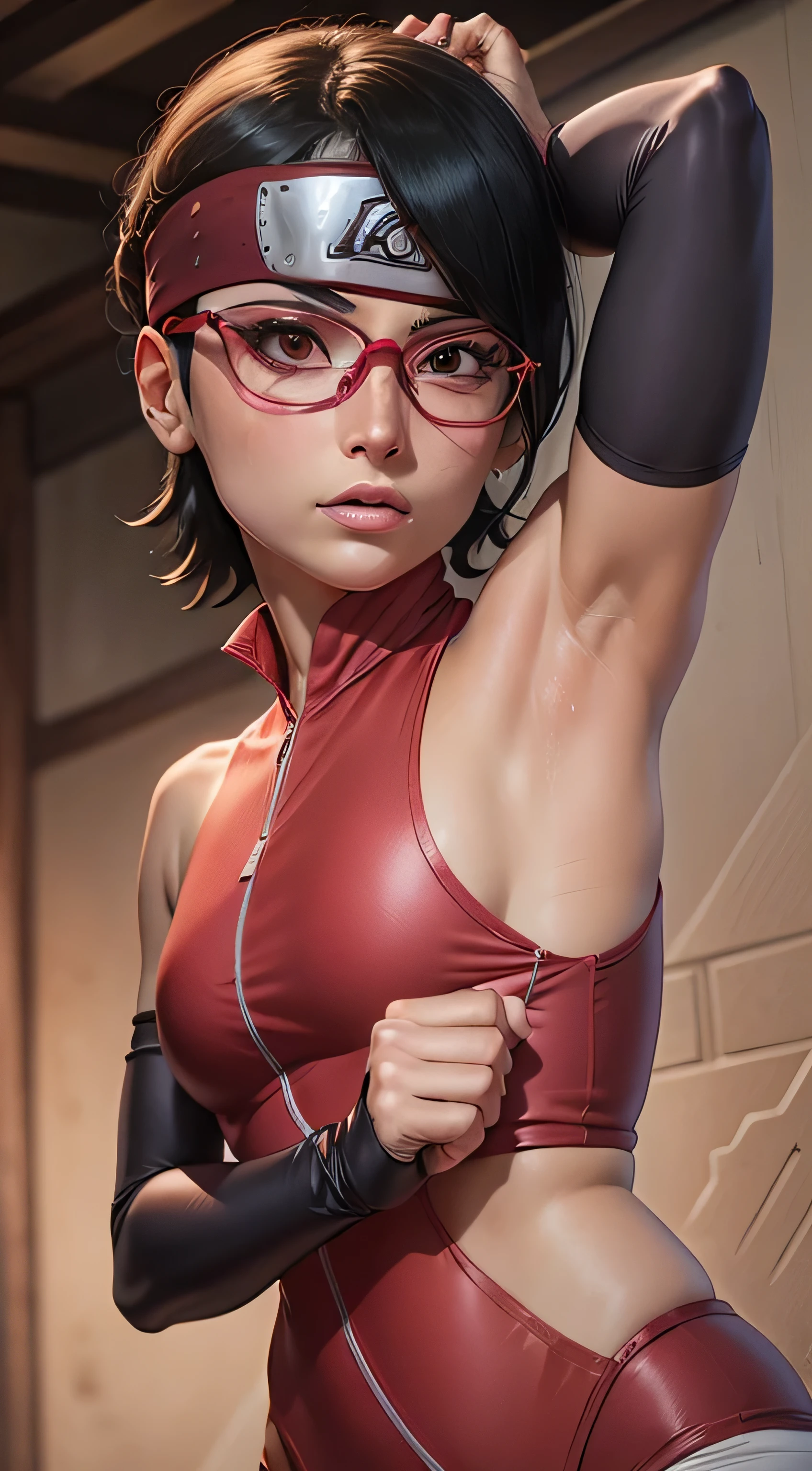 Sarada Uchiha,armpits,armpit,sweaty,sweat,exhausted,tired,both arms raised,ultra HD,village background,awesome armpits,arms up,red rimmed glasses,cross eyed,white eyes,tongue protruded,tongue out,showing tongue,eyes rolling up