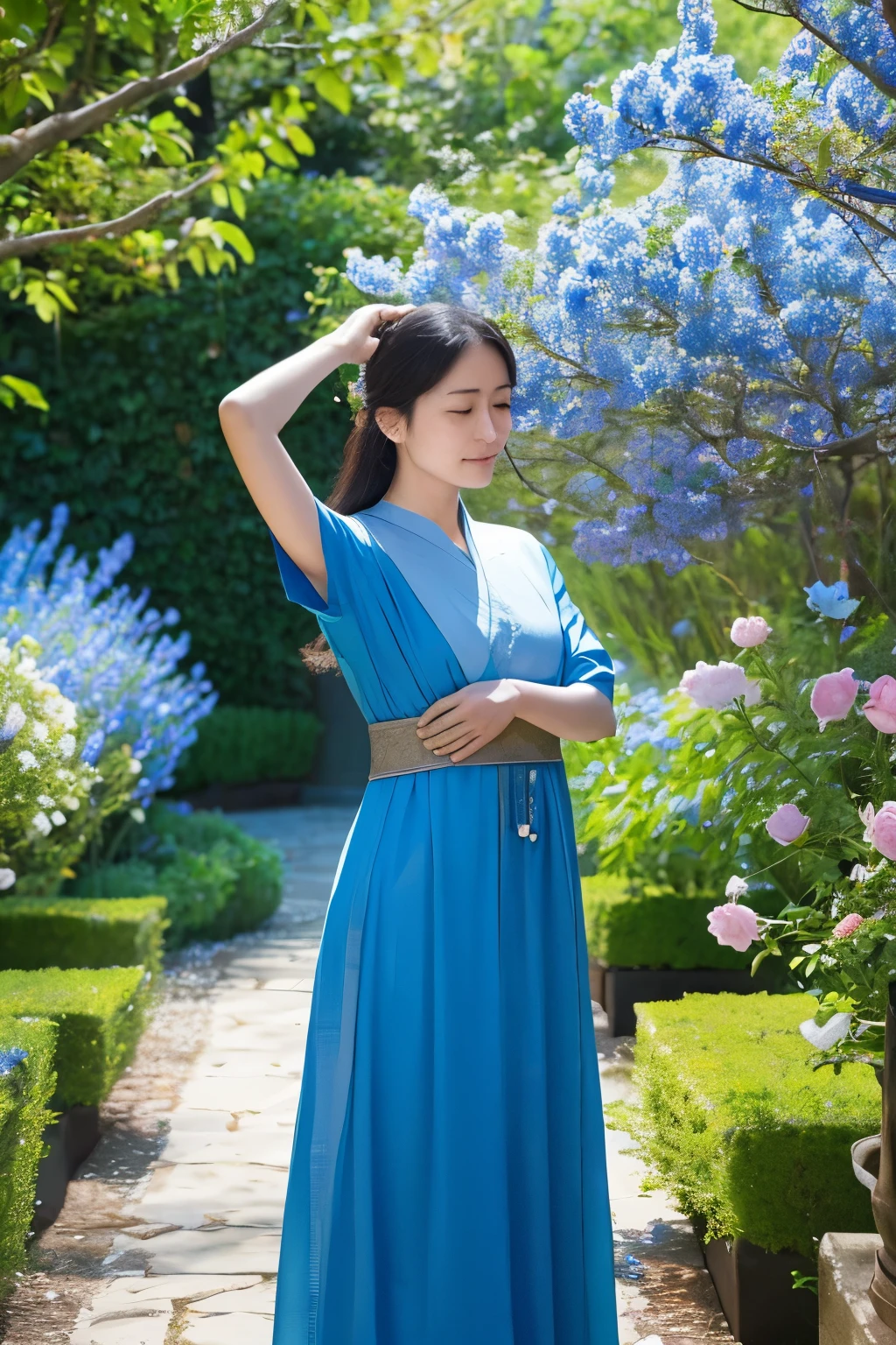 In the fragrant garden, A blind woman stands with her arms outstretched, While gently touching the petals of the flowers I met, A connection with nature and lovely blue flowers.