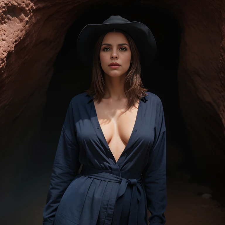 perfect body proportions, (facial wrinkles: 1,2), (pale skin: 0,5), black magician's hat, tunic with a deep slit, no panties, visible genitals, walking in a cave, detailed face, waist shot, masterpiece, best quality, absurd, high resolution, (1woman), solo woman, highly detailed, detailed face, windswept, dramatic lighting, perfect eyes, sunlight, directional lighting, Kodachrome film used for photography, analog photography, high quality textures, The perspective is from below, emphasizing the sheer majesty and power of woman. Sensual and alluring posture. Clear blue cloudy sky. photorealistic shoot. The character is surrounded by mist, evoking a mysterious and eerie atmosphere. The lighting is dark and atmospheric, with a red smoke adding a touch of sinister ambiance. The image is of the best quality, with a resolution of 4k and HDR enhancement, showcasing the utmost level of detail and realism, ((full body shot)). [realistic hands, mybeauties], (YES NSFW)