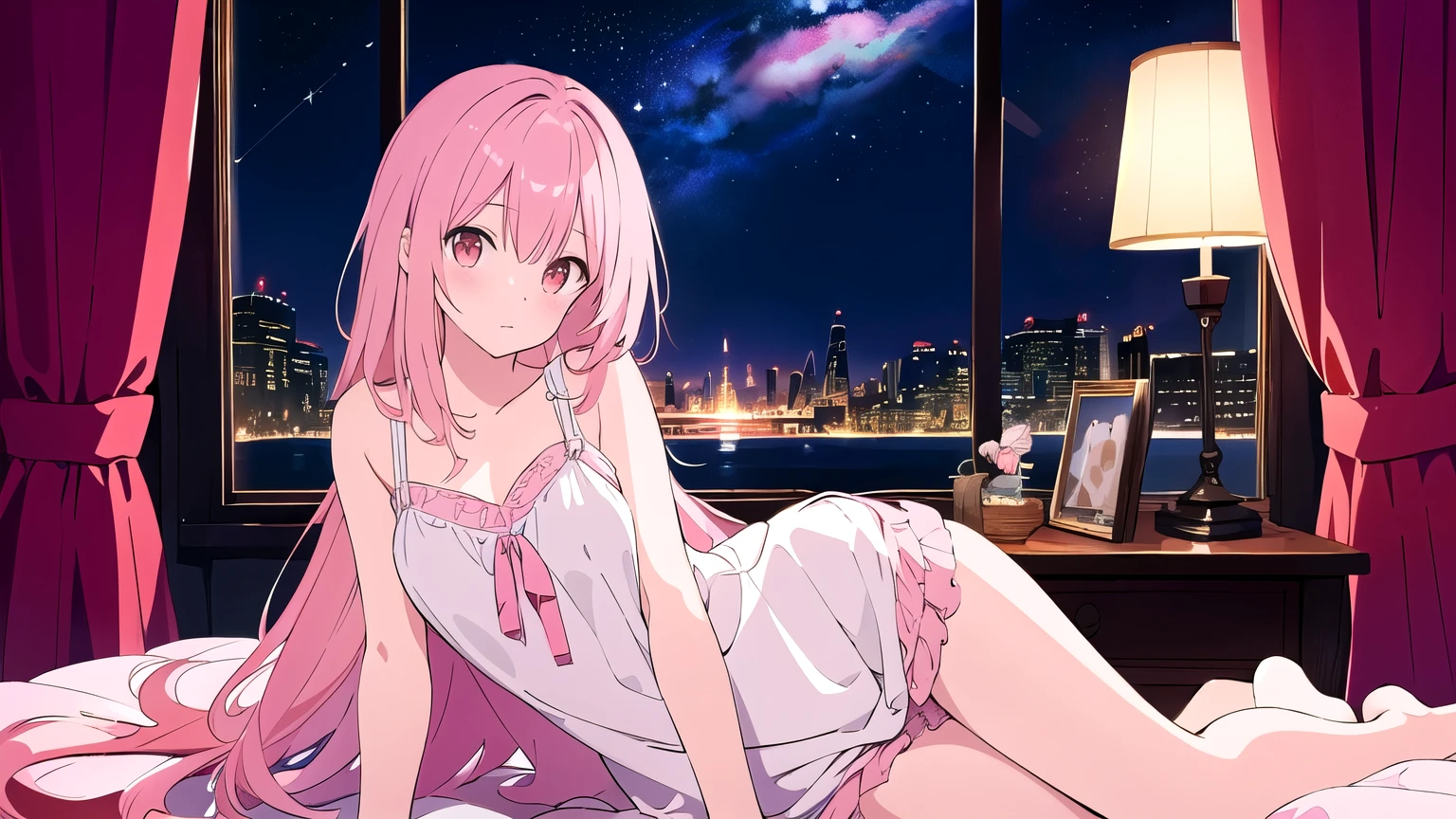 Very detailed, Detailed Background,　(highest quality, masterpiece, High resolution), One girl, Mid-chest, Pink Hair,  Loungewear,　long hair、　night、　Starry Sky、　Dimly lit room、　Moonlit room、