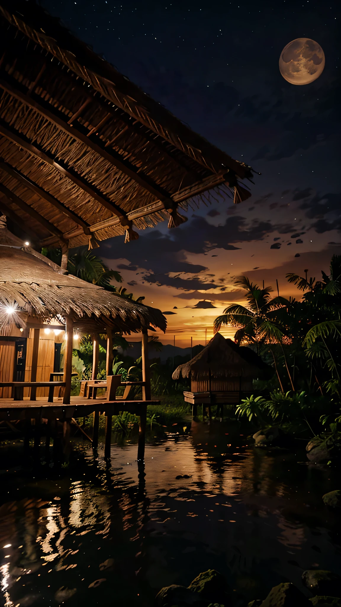 A silent scene during night time in a Filipino nipa hut where the moon can be seen on a native window.