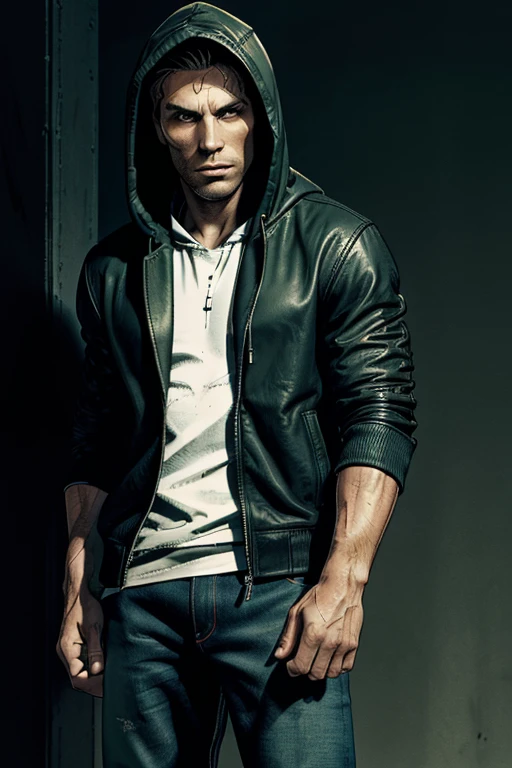 Man in hoodie Hooded And on top of that, and on top green Dark leather jacket on top and darkened face cap and jeans and converse sneakers Heroic Presence Serious and strong pose Standing Rolled-up sleeves Standing Rolled-up sleeves, open jacket