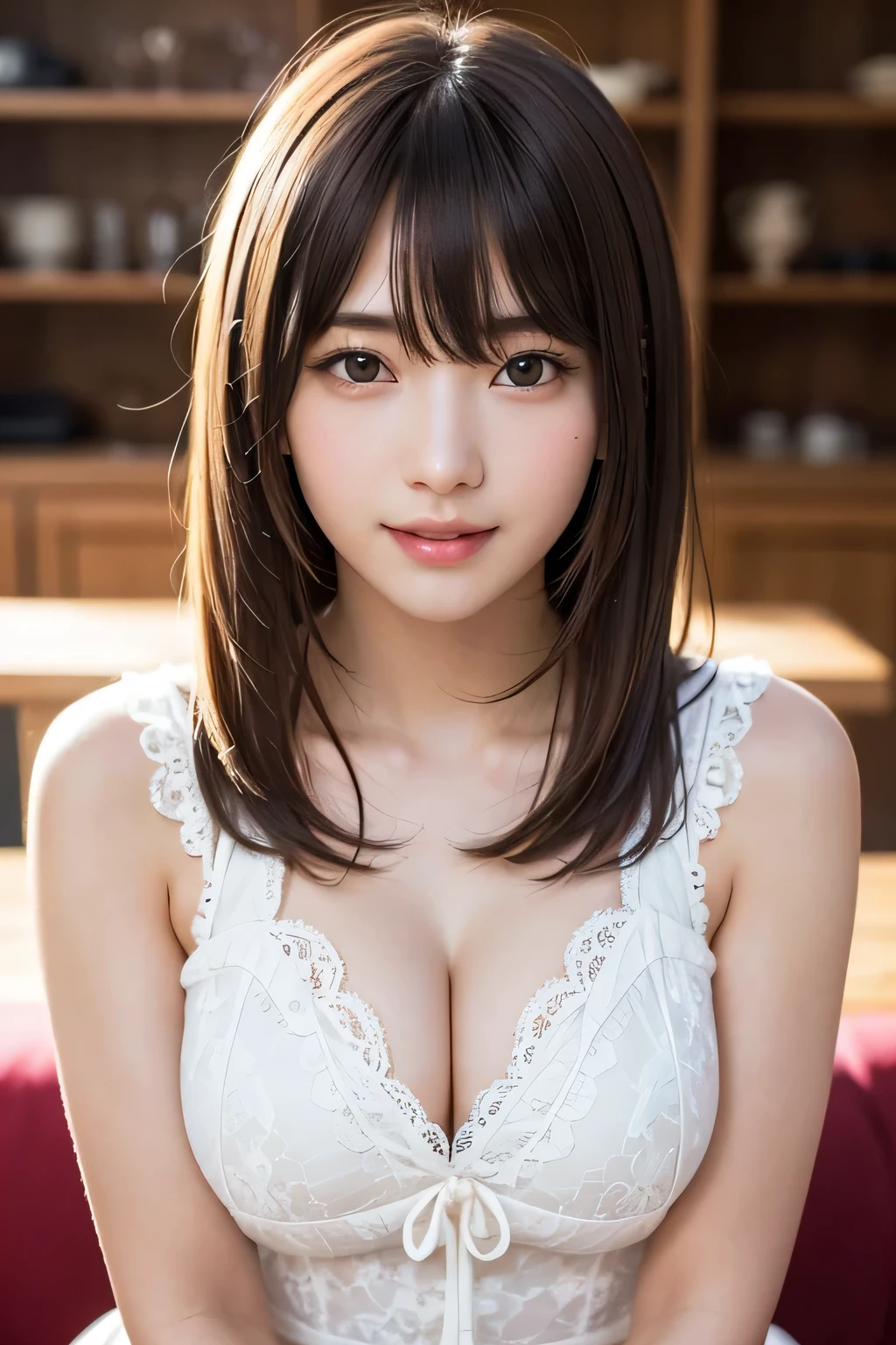 brightexpression、photorealistic stick:1.32、highest quality、超A high resolution、Photos of the most beautiful Japan girls、cute and beautiful face details、small face、(Pueros face_V1:0.008)、Beautiful bangs、、Brilliant white skin、hair gets tangled in face、Bangs that reach down to the face、bangs、hair between eyes、super long hair、charming brown silky hair、bright、Clear light blue eyes shine charmingly、ample breasts、Dynamic poses highest quality、disorganized、((the cutest girl in the world))、Japanese、14 years oldlace dress:1.3))、(half up hair:1.3)、(tie with a thin ribbon)、nice and cute、innocent smile、nice smile、cleavage、(big breasts:1.3)、ponytail、brown hair、thin waist、detailed beautiful eyes、face forward、Upper body、close up of face、Front view、