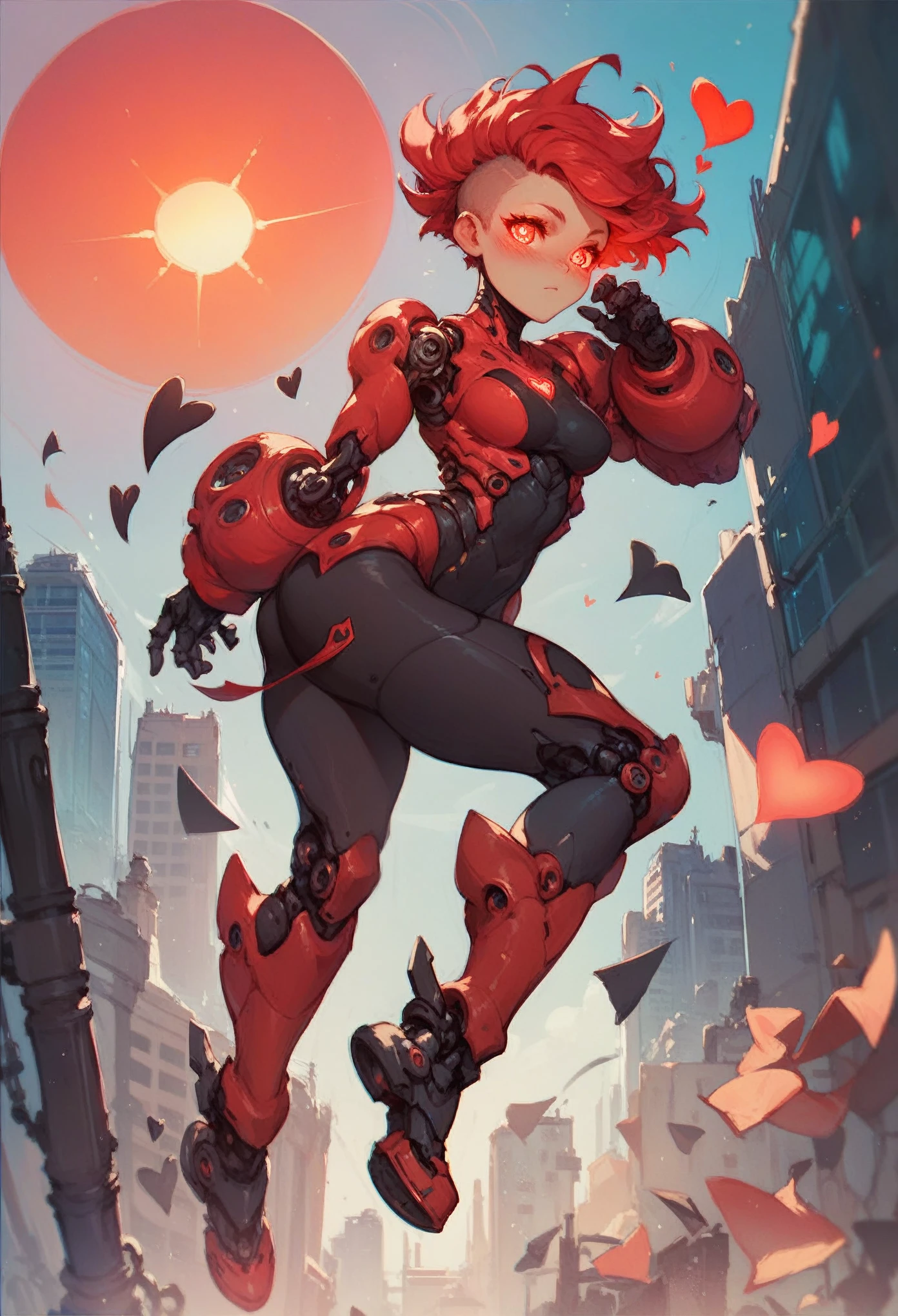 (score_9_up, score_8_up:1.2), score_7_up,   full body, cyborg girl, glowing eyes, red sun, cute, black hearts, blush, beautiful eyes, red hair, short hair, high-top cut, dynamic pose, city,  expressiveh   