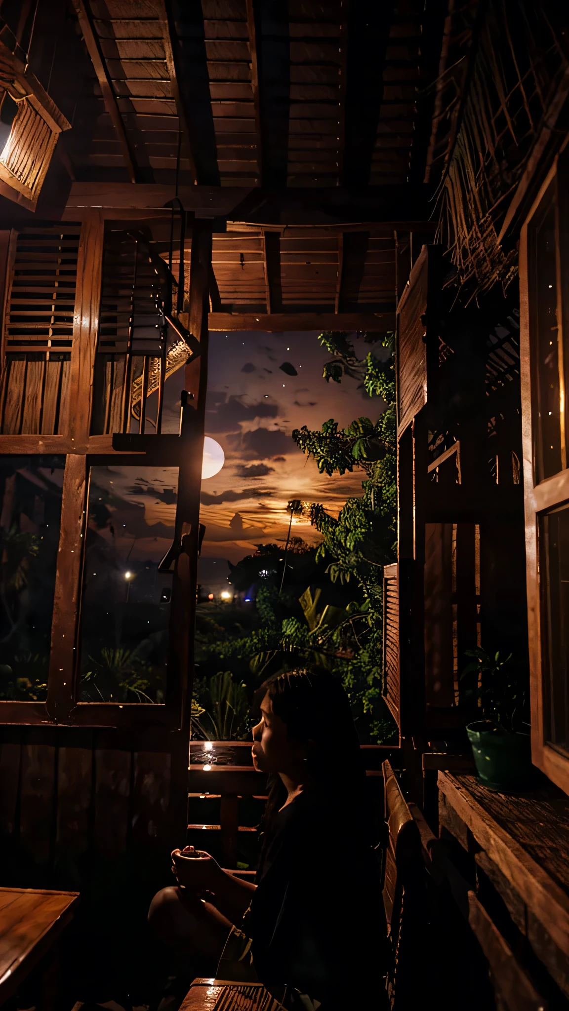A silent scene during night time in a Filipino nipa hut where the moon can be seen on a native window.