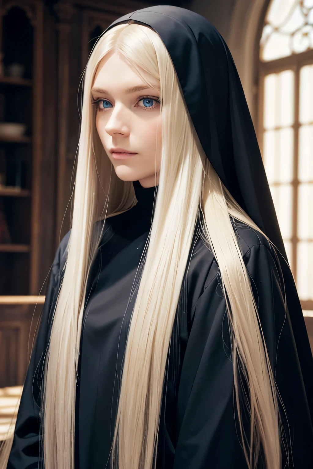 Pure blond straight hair, (long hair) (((straight hair))), Detailed hair, Blue Eyes, beautiful eyes, light on the face, pale skin, a 50 year old mysterious, dark, woman, nun,