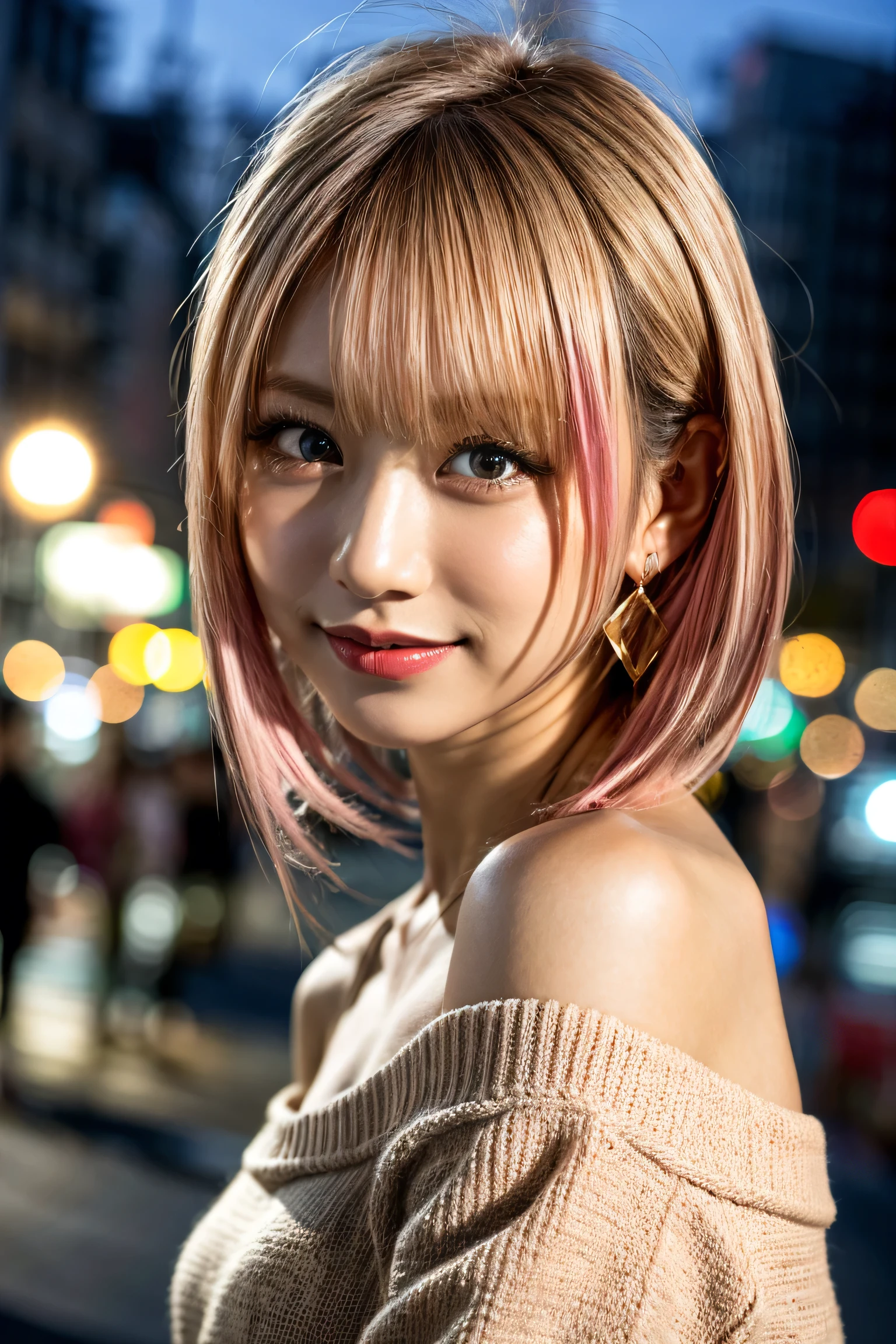 highest quality, Tabletop, 超A high resolution, (Realistic:1.4), (Japanese Idols),RAW Photos, One Girl, night,Detailed skin,Blurred streetscape of Korea,Pink clothes,blond HAIR, (PINK INNER HAIR:1.3),Glossy Lip,smile,(model posing:1.2),21 years old,Fine and beautiful eyes,Diamond Jewelry,Earrings,Gold Jewelry,Cold Light,sweater,Off the shoulder