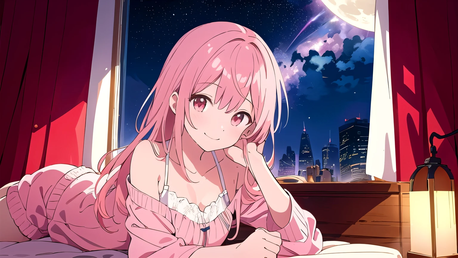 Very detailed, Detailed Background,　(highest quality, masterpiece, High resolution), One girl, smile,　 Mid-chest, Pink Hair,  Loungewear,　long hair、　night、　Starry Sky、　Dimly lit room、　Moonlit room、