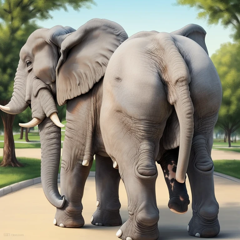 (solo:1.2), elephant, standing on all fours, (flaccid:1.1) penis, (equine:0.8) penis, (pink:0.7) grey penis, ((((mottled elephant penis)))), ((((tail with tuft)))), anus, public park, rear view, masterpiece, high quality, realistic, detailed background,