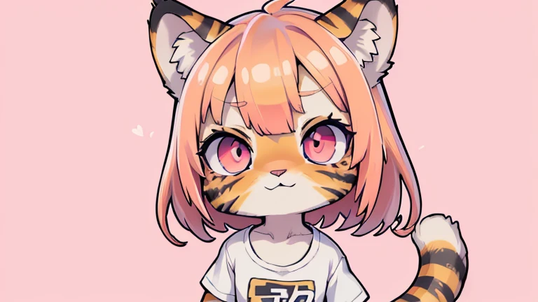 (obra maestra, Alta calidad, mejor calidad, 8K, high resolution), ((estilo chibii, Chibi lindo)), (solo, 1 girl), {Tiger Girl, cara de tigre, 2 colmillos, long eyelashes, delineador de ojos} {bigotes de tigre}, (((Piel de tigre por todo el cuerpo., Rayas de tigre en el cuerpo.))), (pelo naranja), cabello corto, Pinza para el cabello, [[Pinza para el cabello white flower on hair]], ((Muy feliz)), ((boca abierta)), ojos naranjas, [pupilas negras], ((buscando)), (very small breasts), brazos delgados, (un brazo arriba, un brazo hacia abajo), axilas, ((mini camiseta rosa, camiseta rosa completa)), {shorts blancos}, {{{mini cola de tigre, Cola en la espalda}}}, (cuerpo completo), (((de pie, jump angle))), dynamic pose, Fondo blanco, fondo sencillo, ((((Estilo Tora-chan no Hanayome)))), (old anime style 40s), estilo animado, anime color.