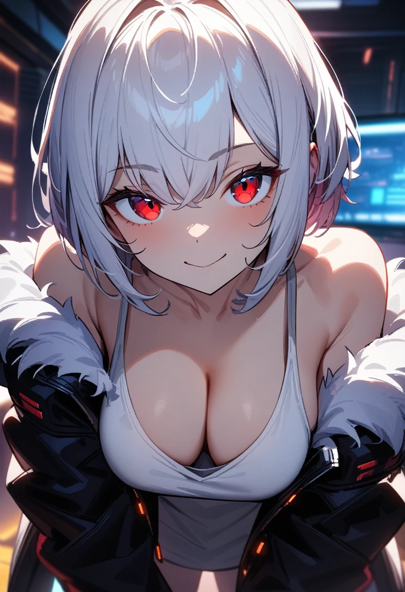 masterpiece, best quality, very aesthetic, absurdres, 1girl, sensitive, close-up, downblouse, white hair, short hair, red eyes, breasts, cleavage, open jacket, fur trimmed jacket, white tank top, standing, bent over, leaning foward, closed mouth, smile, indoors, cyberpunk