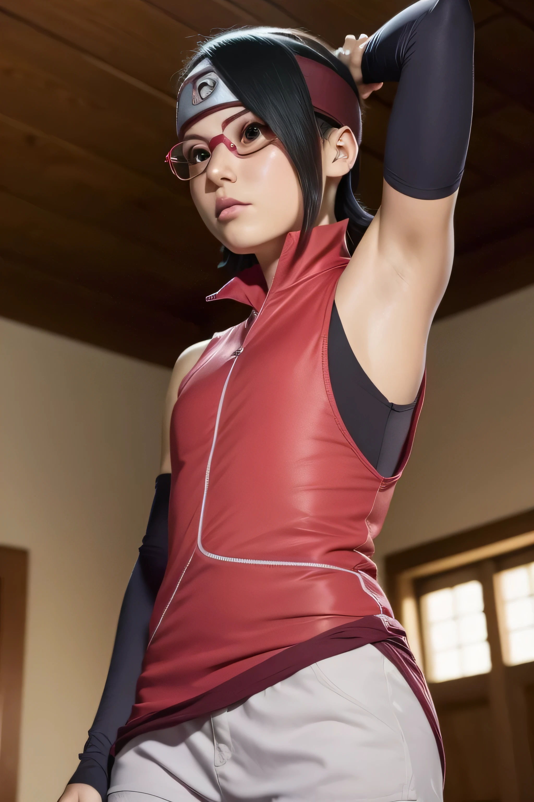 1 girl, standing, beautiful Sarada Uchiha, 18 years old, Cups, Black thighs, arm warmers, forehead protector, shorts, short hair, big chest, black eyes wearing glasses, small hips, big ass, capture anime screen, Sarada is 18 years old, mature appearance,armpits,sweat,sweaty,sweaty armpits,arms up,showing armpits,awesome armpits,outfit,blackish red arm warmers,maroon arm bands,matoon arm warmers