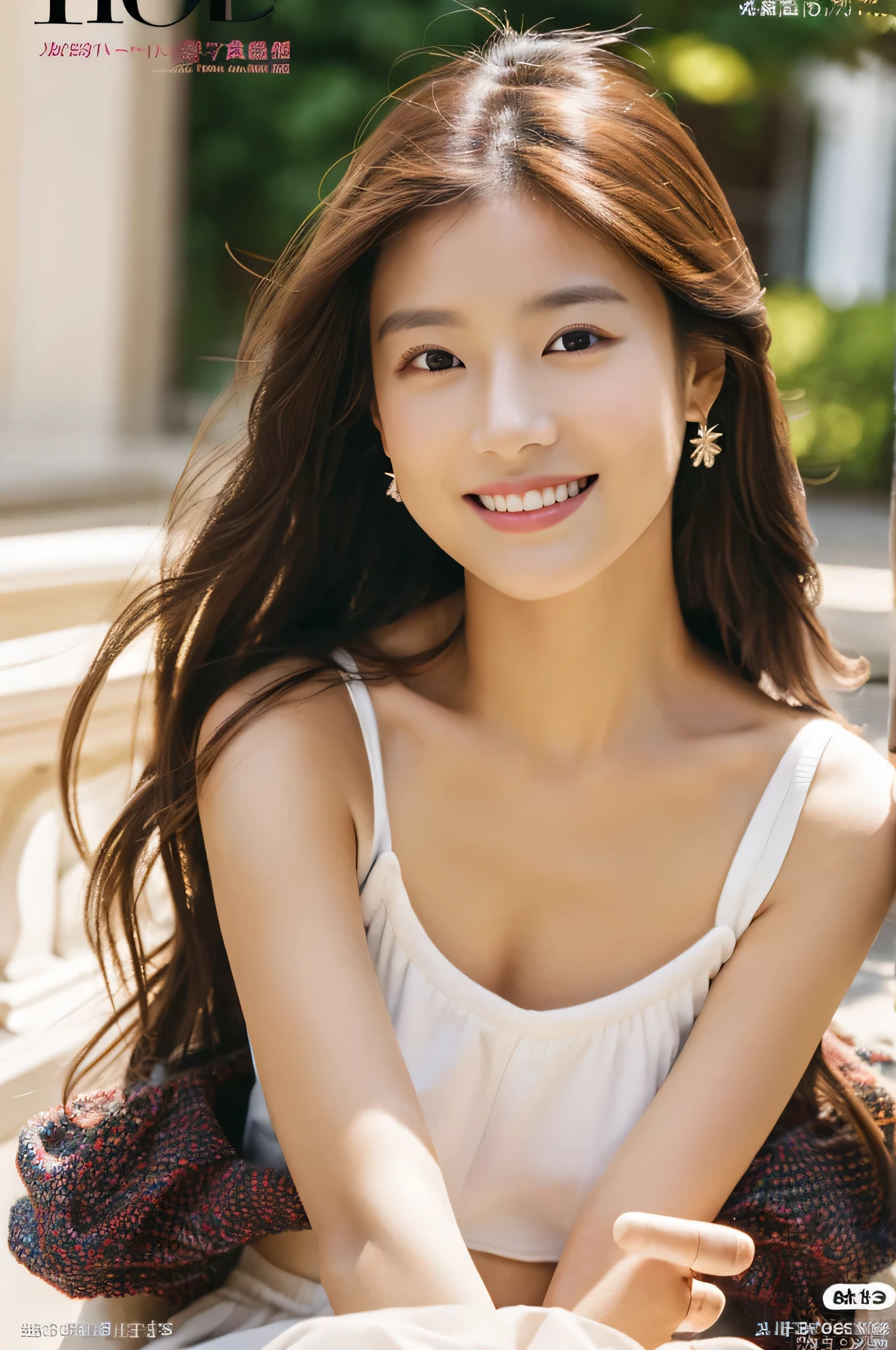 ((masterpiece, Top image quality, high resolution、solitary、radiant skin))(on the table, best quality, actual, Super detailed, meticulous, high resolution, 8k wallpaper), Close-up portrait of a beautiful woman, like, Smile, Light brown messy hair, Perfect dynamic composition, Beautiful and meticulous eyes, Like the cover of a fashion magazine, On Campus