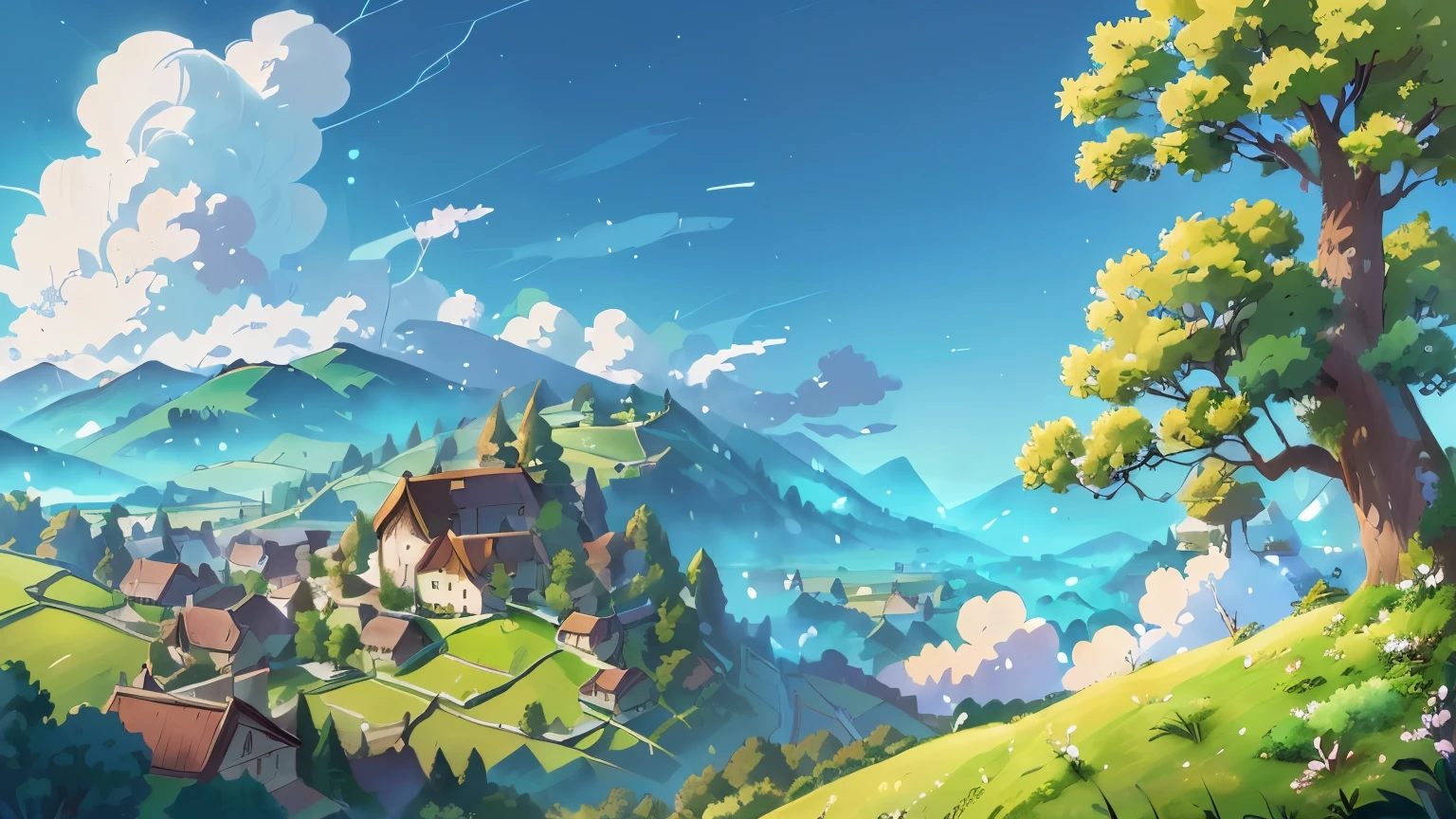 anime landscape with a village and a tree on a hill, anime countryside landscape, distant village background, anime landscape wallpaper, background artwork, detailed scenery —width 672, scenery artwork, amazing wallpaper, background art, anime background art, anime landscape, high quality desktop wallpaper, 4 k hd illustrative wallpaper, anime scenery concept art, scenery art detailed