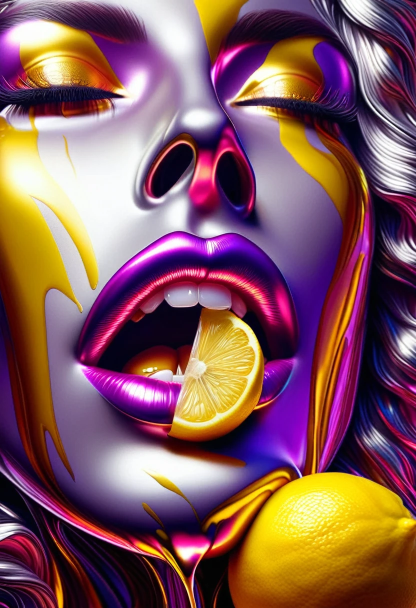 Roby Dwi Antono in pop art style, "Enjoying Lemon Juice" with voluminous, metallized three-dimensional imagery, features juicy lips, devilishly long tongue amidst an acid attack atmosphere, palette dominated by purple and pink hues, intricate play of highlights and shadows, chiaroscuro effect, photorealistic concept art akin to oil on canvas reminiscent of Raphael, Caravaggio, with elements rendered in Unreal Engine, photorealistic, detailed acrylic. High Resolution, High Quality, Masterpiece