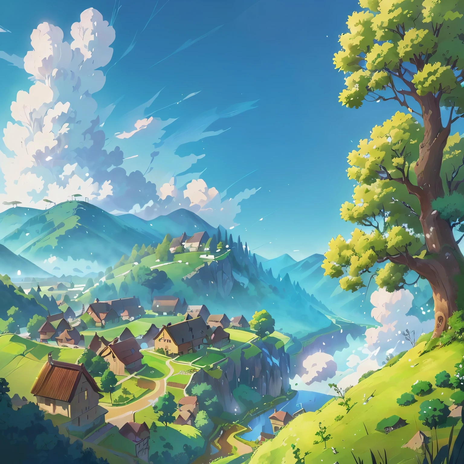 anime landscape with a village and a tree on a hill, anime countryside landscape, distant village background, anime landscape wallpaper, background artwork, detailed scenery —width 672, scenery artwork, amazing wallpaper, background art, anime background art, anime landscape, high quality desktop wallpaper, 4 k hd illustrative wallpaper, anime scenery concept art, scenery art detailed